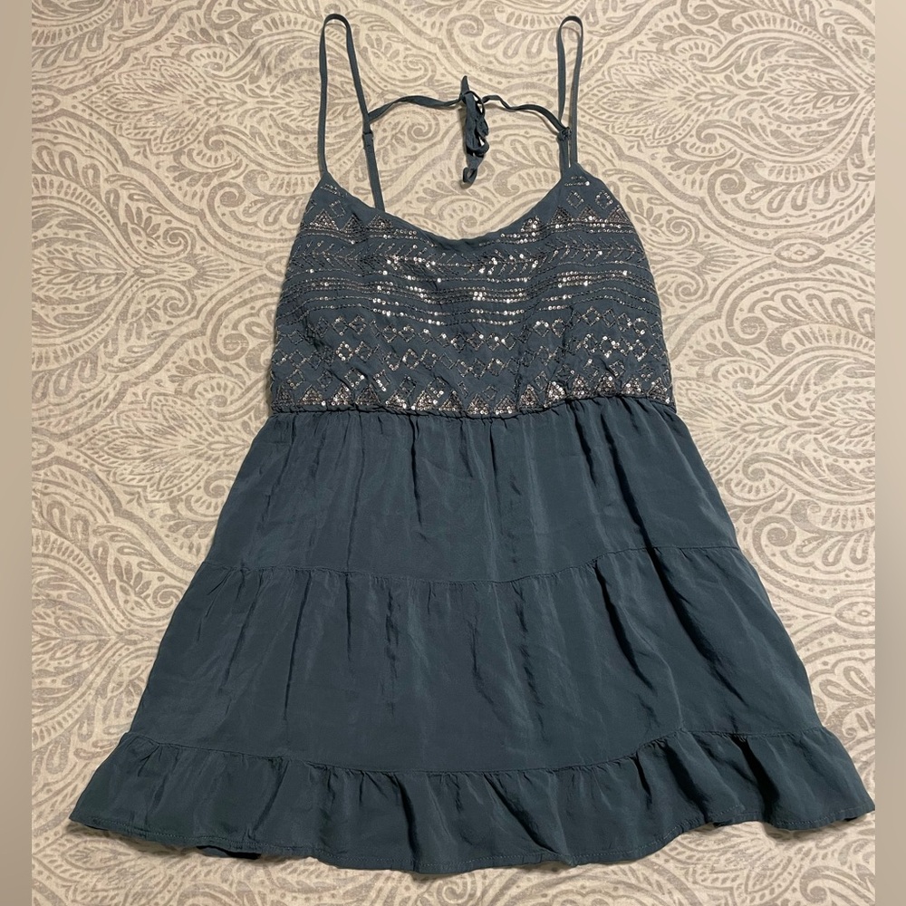 Turquoise Ruffle Tank Top with Silver Sequins